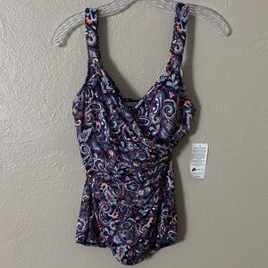 Lands End Swim Women’s One Piece Swim Dress Paisley Navy 6
